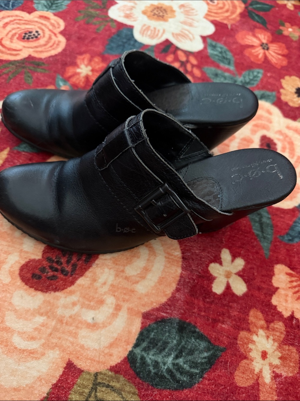 b.o.c. Black Leather Mule Buckle Clogs